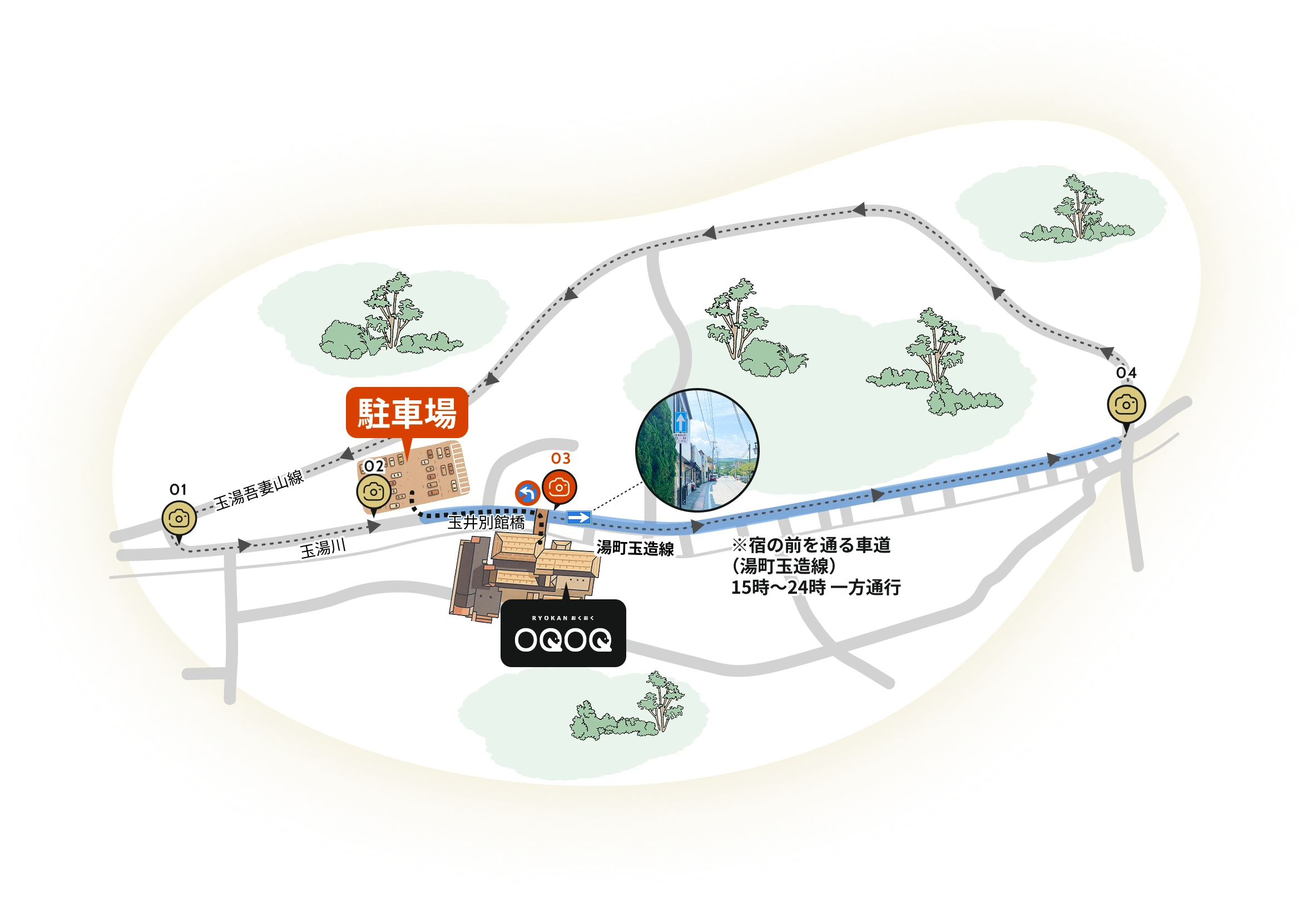 旅館 OQOQ の周辺地図。中心に旅館 OQOQ があり、そのすぐ北に駐車場があります。主要道路は湯町玉造線で、宿の前を通る道路は15時から24時の間、一方通行になります。目印は玉湯川と玉湯温泉橋。駐車場へは玉湯吾妻山線から玉井別館橋を渡ってアクセス可能です。地図には01から04までのポイントがあり、01は玉造温泉橋、02は駐車場入口、03は玉井別館橋、04は東側の分岐地点を示しています。