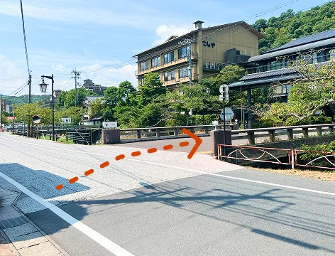 オレンジ色の点線と矢印が、橋の入口から旅館の方向へ向かって描かれている。橋の向こうには旅館の建物が見え、手前には道路と歩道が写っている。
