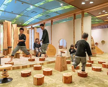 家族4人がキッズスペースで楽しそうに遊んでいる画像です。木で作られた切り株のような遊具を、子どもも大人も笑顔でバランスを取りながら渡っています。自然の素材に囲まれた、温かくて活発な雰囲気が伝わってきます。